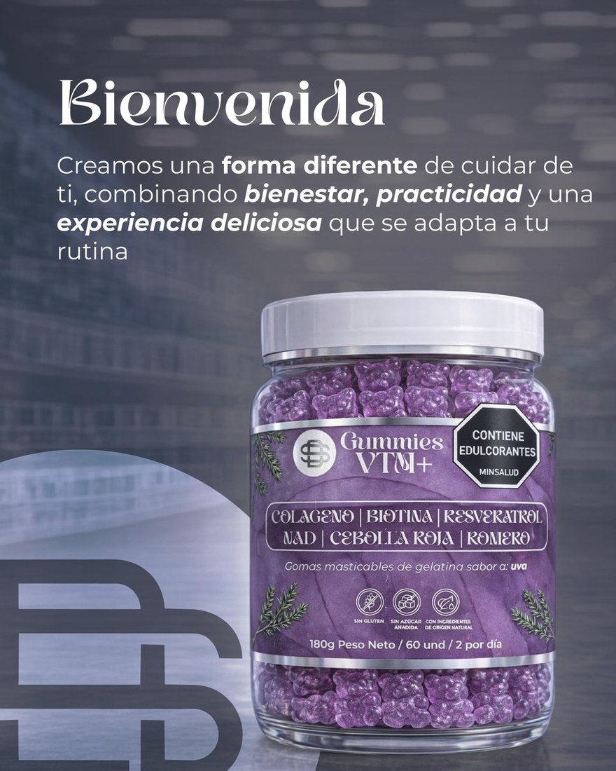 Gummies VTM+ Colágeno — Colágeno, Biotina, Resveratrol, Nicotinamida B3, Cebolla Roja, Romero
